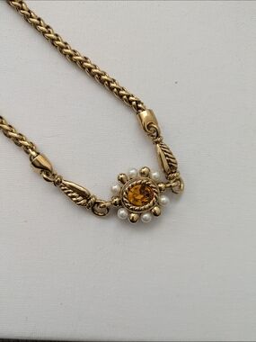 Vintage Long Gold-plated Necklace with Amber Crystal and Pearl Accents